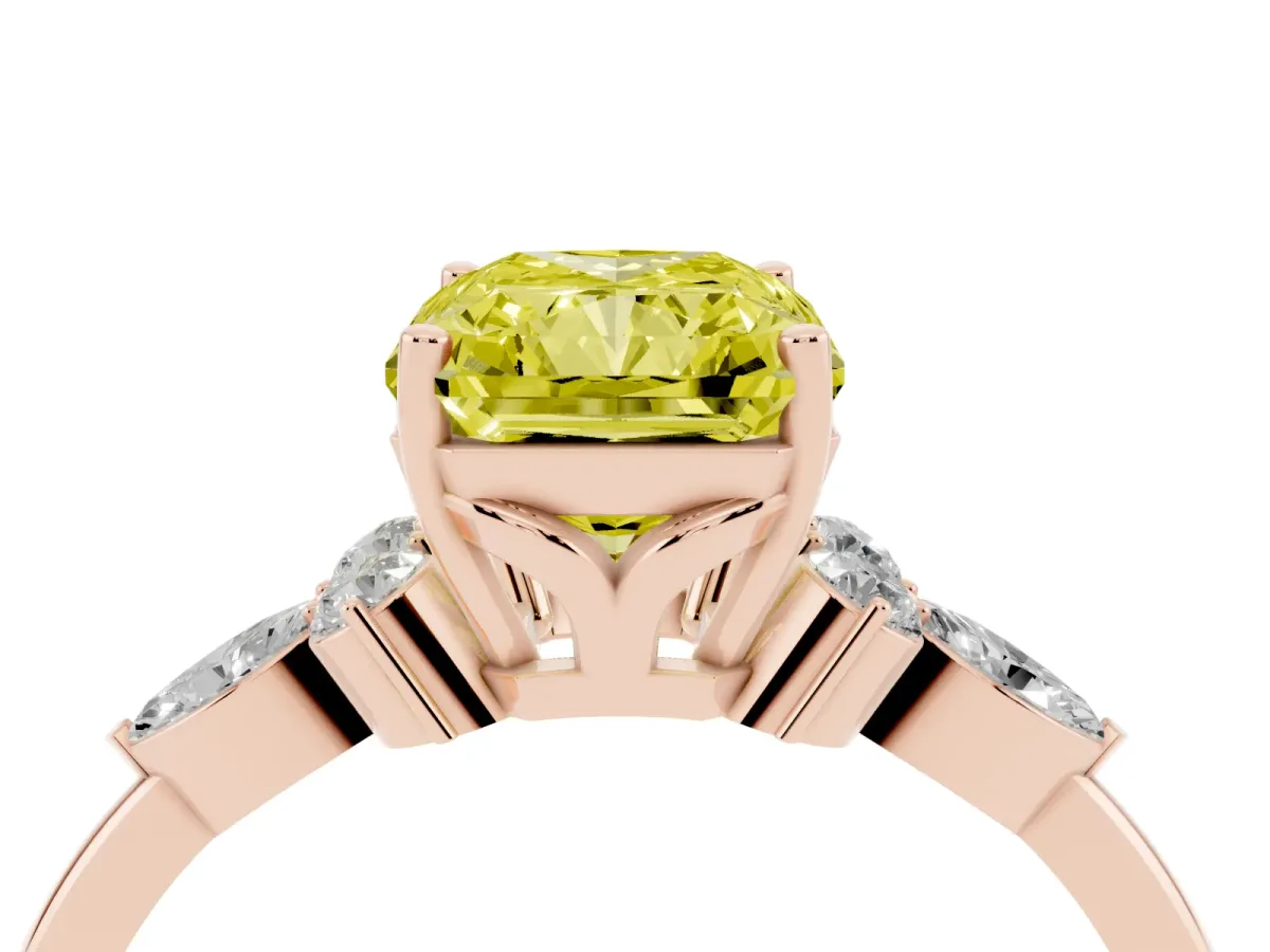 Fancy Yellow Radiant Cut Brilliant Diamond Solitaire Ring with Pear Side Stones and Four-Prong Setting Rose gold