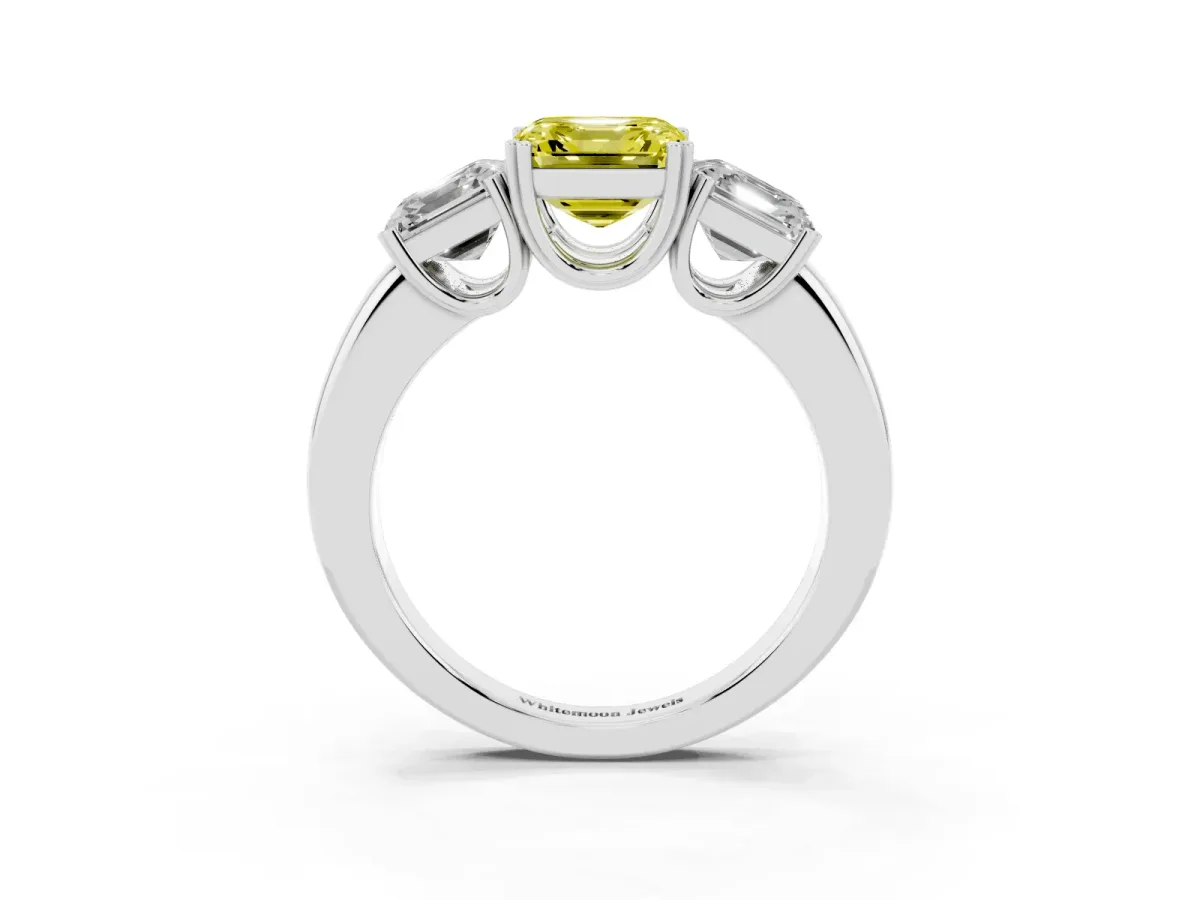 Fancy Yellow Three-Stone Asscher Cut Cut Diamond Ring with Channel Set Band and Four-Prong Setting White gold