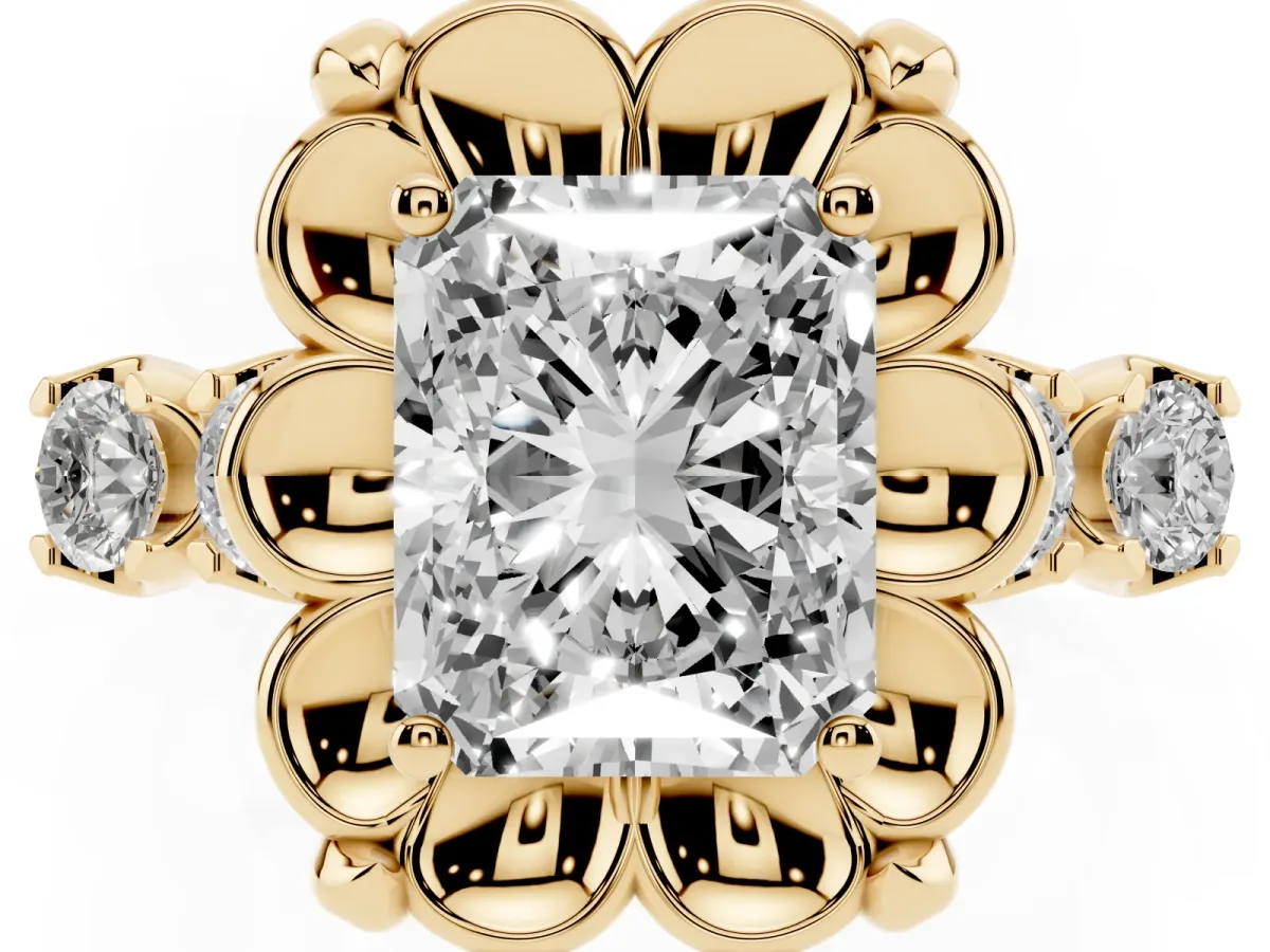 Radiant Cut Cut Diamond Floral Halo Engagement Ring with Shared Prong Setting Yellow gold