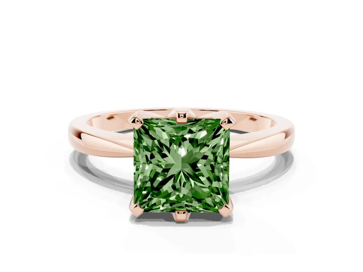 Fancy Green Princess Cut Solitaire Engagement Ring with Six-Prong Setting and Tapered Band Rose gold