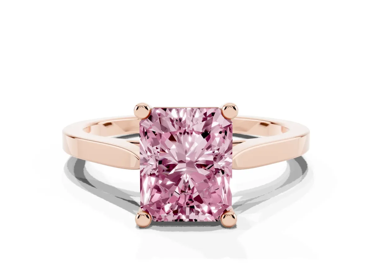 Fancy Pink Radiant Cut Solitaire Diamond Ring with Four-Prong Setting and Tapered Band Rose gold