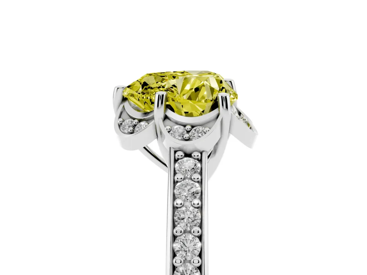 Fancy Yellow Heart Cut Cut Halo Diamond Ring with Channel Set Band and Four-Prong Setting White gold
