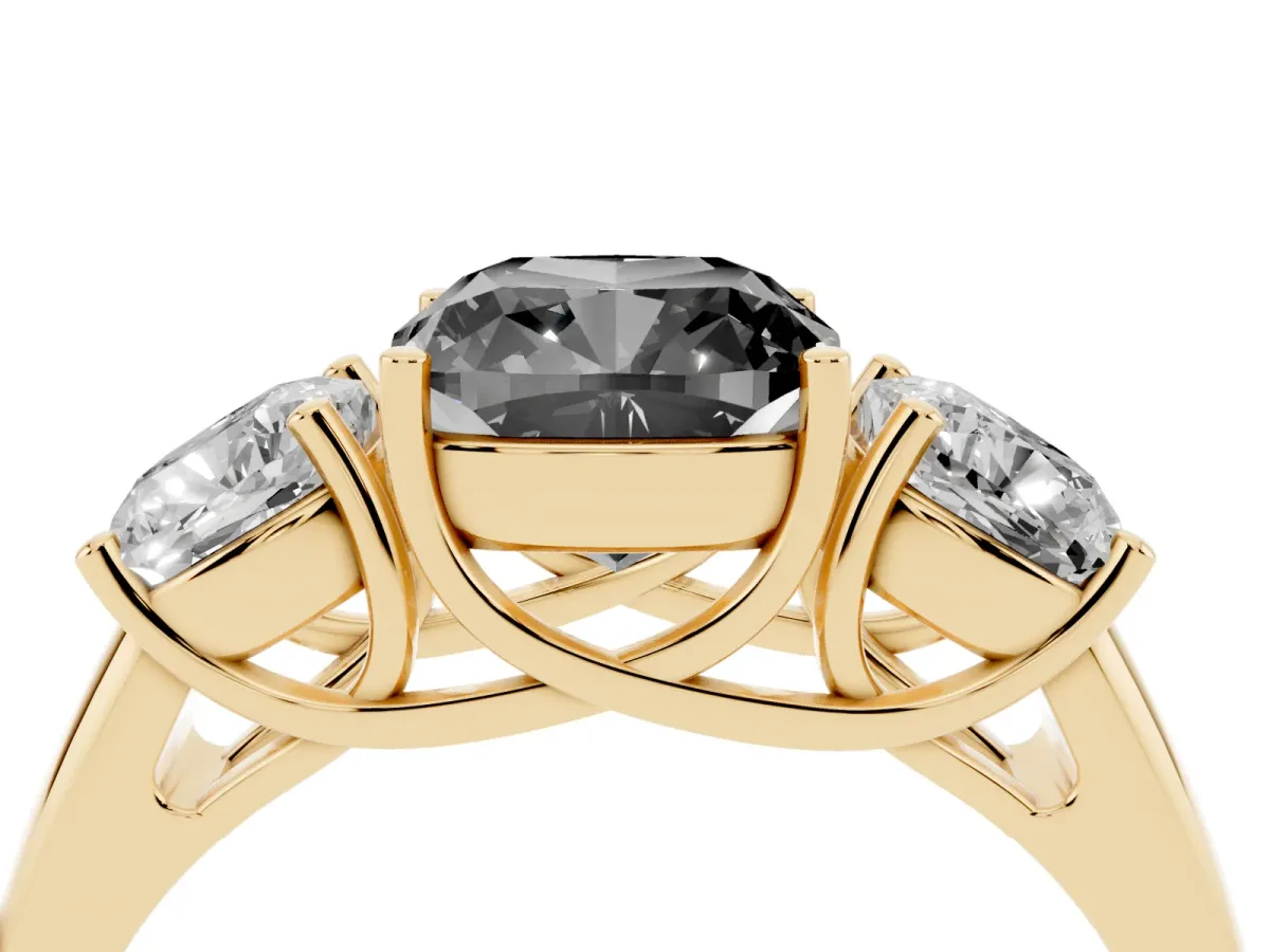 Fancy Black Three-Stone Cushion Cut Diamond Engagement Ring with Prong Setting Yellow gold