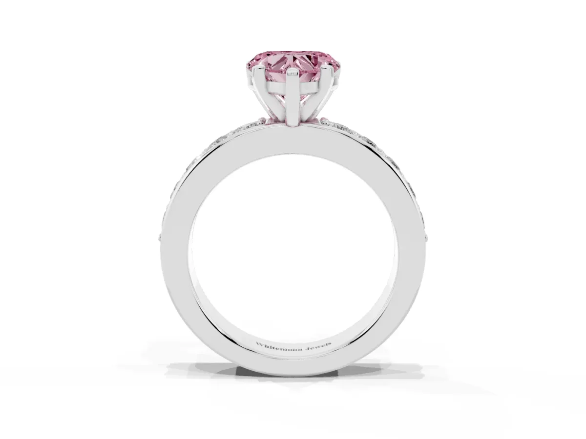 Fancy Pink Heart Cut Diamond Engagement Ring with Channel Set Round Band and Prong Setting White gold