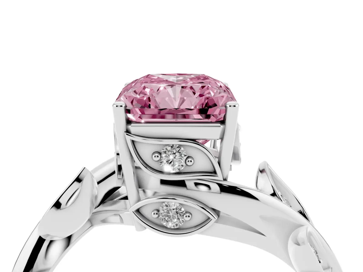 Fancy Pink Radiant Cut Solitaire Twist Engagement Ring with Leaf Accents and Prong Setting White gold