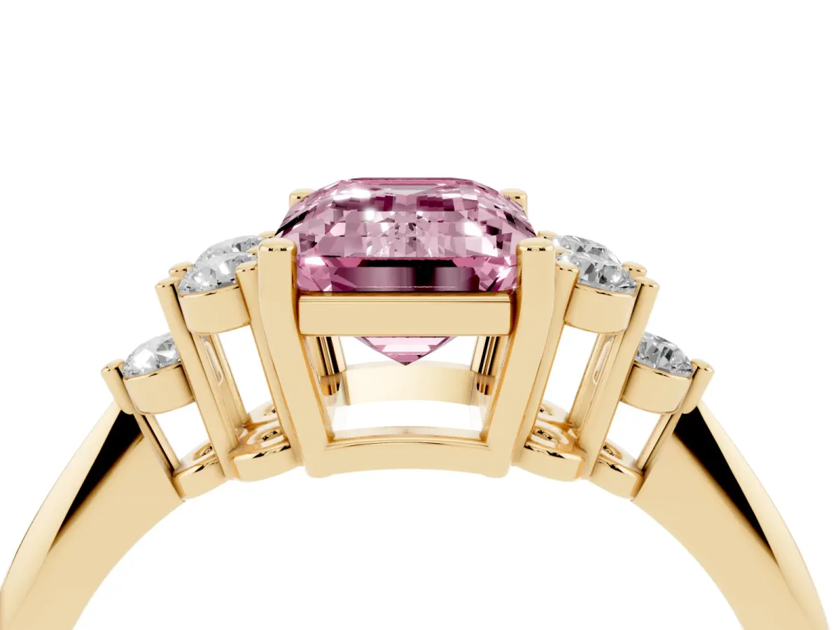 Fancy Pink Emerald Cut Cut Diamond Cluster Ring with Solitaire Band and Four-Prong Setting Yellow gold