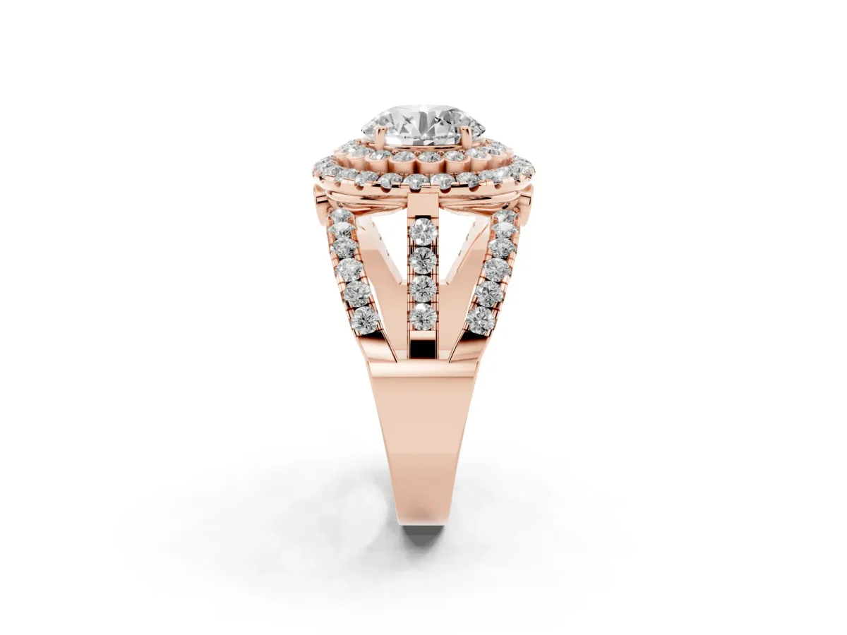 Round Cut Diamond Double Halo Ring with Round Pavé Split Shank and Prong Setting Rose gold