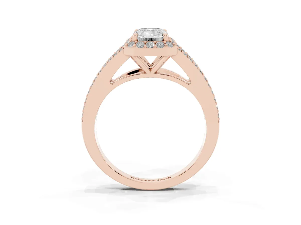 Emerald Cut Halo Split Shank Pave Diamond Ring with Four-Prong Setting Rose gold