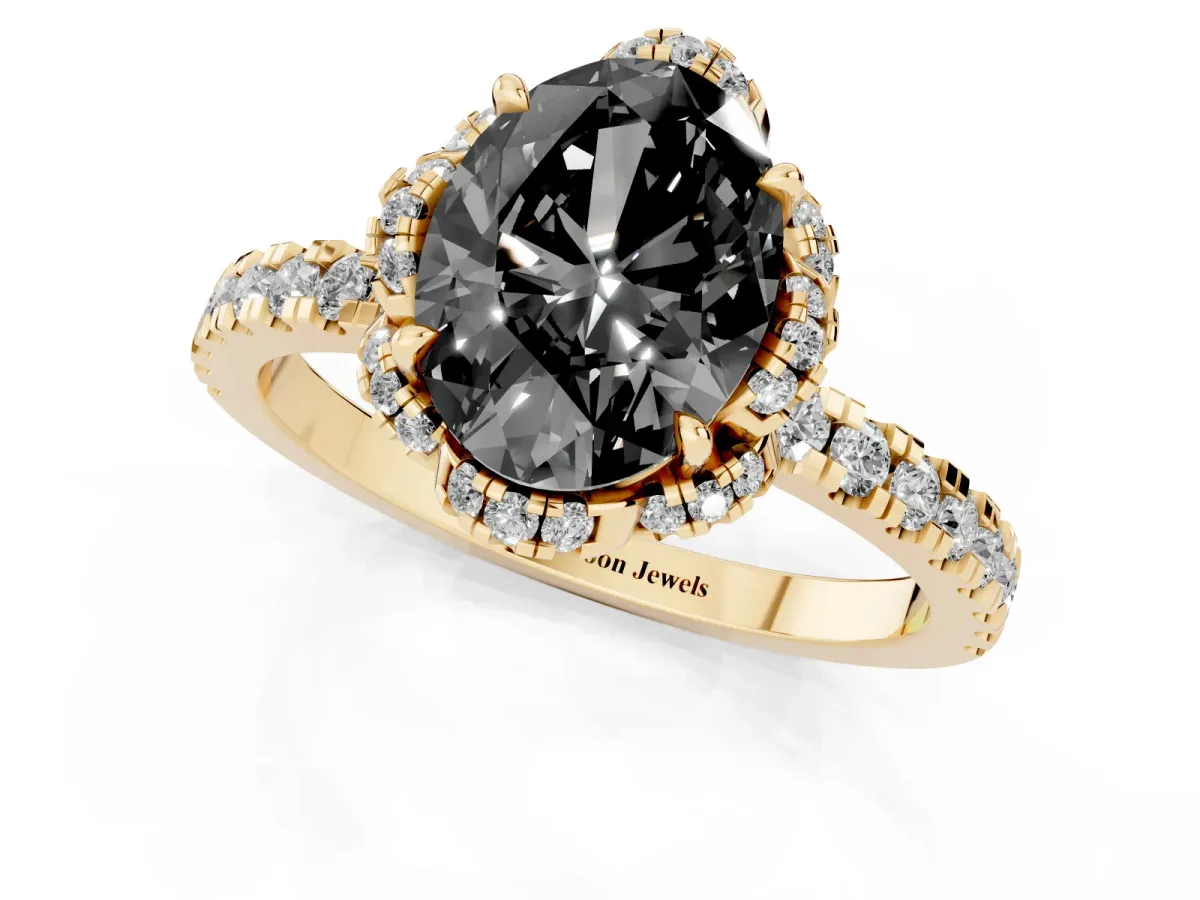 Fancy Black Oval Cut Diamond Halo Pave Band with Four-Prong Setting Yellow gold