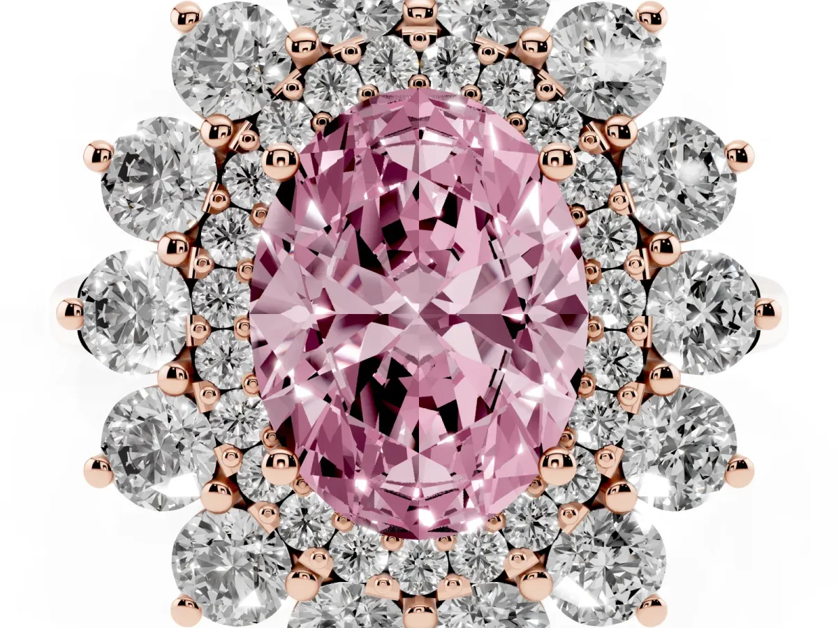 Fancy Pink Oval Cut Diamond Floral Double Halo Engagement Ring with Prong Setting Rose gold