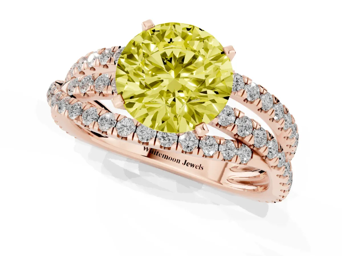 Fancy Yellow Round Cut Solitaire Twist Band with Pavé Setting and Four-Prong Setting Rose gold