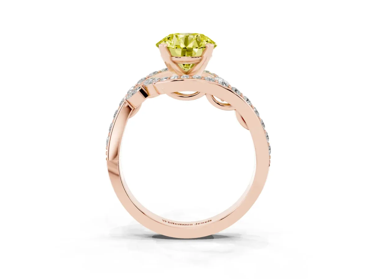 Fancy Yellow Round Cut Solitaire with Pavé Twist Band and Four-Prong Setting Rose gold