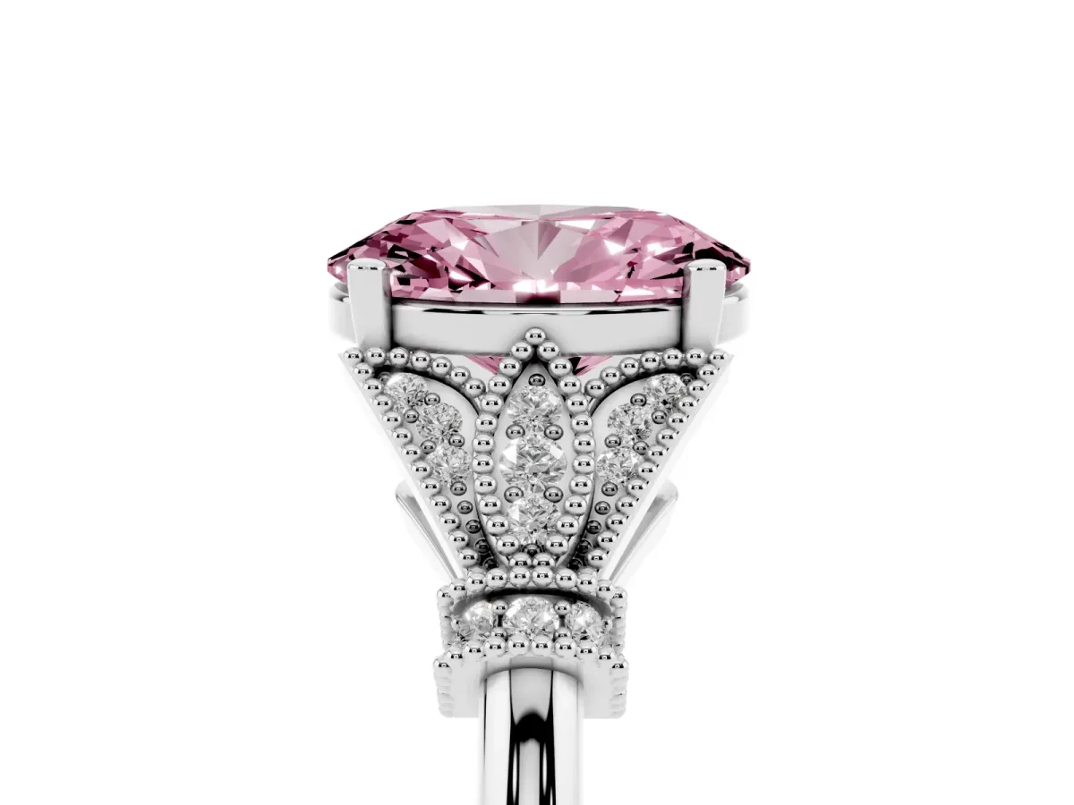 Fancy Pink Oval Cut Diamond Solitaire Ring with Floral Filigree and Pave Accents Platinum