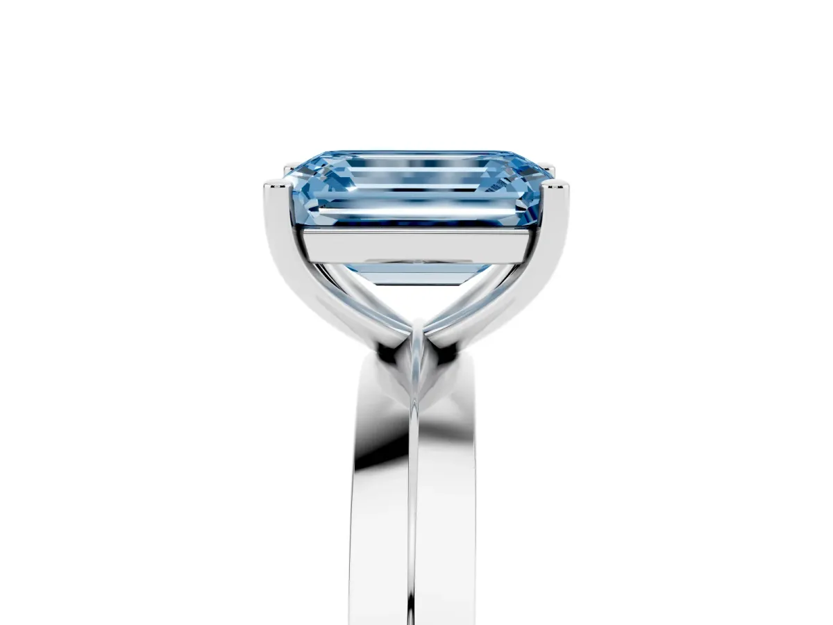 Fancy Blue Emerald Cut Cut Solitaire Engagement Ring with Flat Band and Four-Prong Setting Platinum