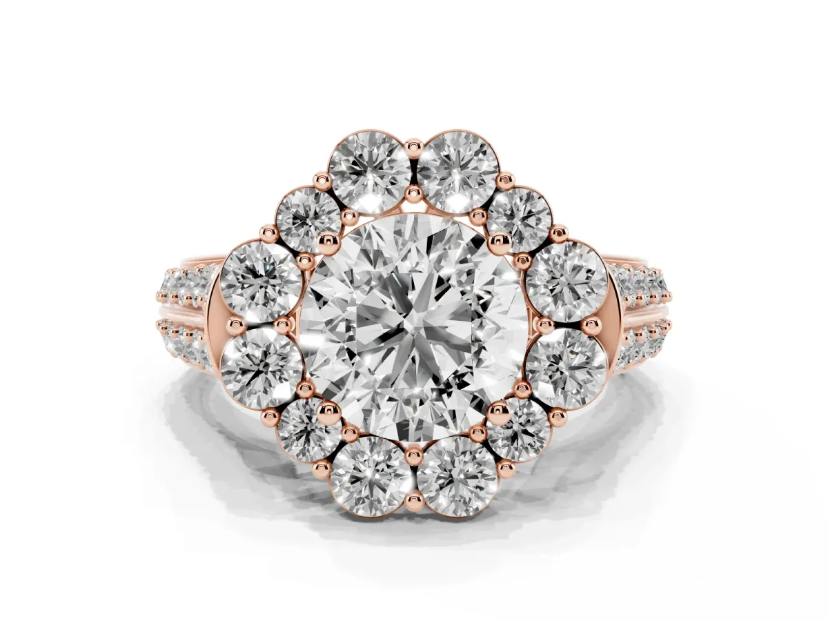 Round Cut Halo Diamond Engagement Ring with Split Shank and Prong Setting Rose gold