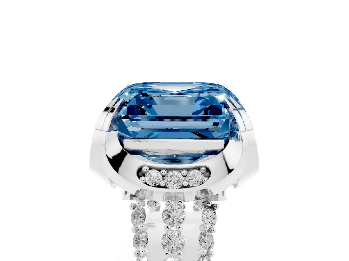 Fancy Blue Asscher Cut Solitaire Pave Split Shank Ring with Four-Prong Setting White gold