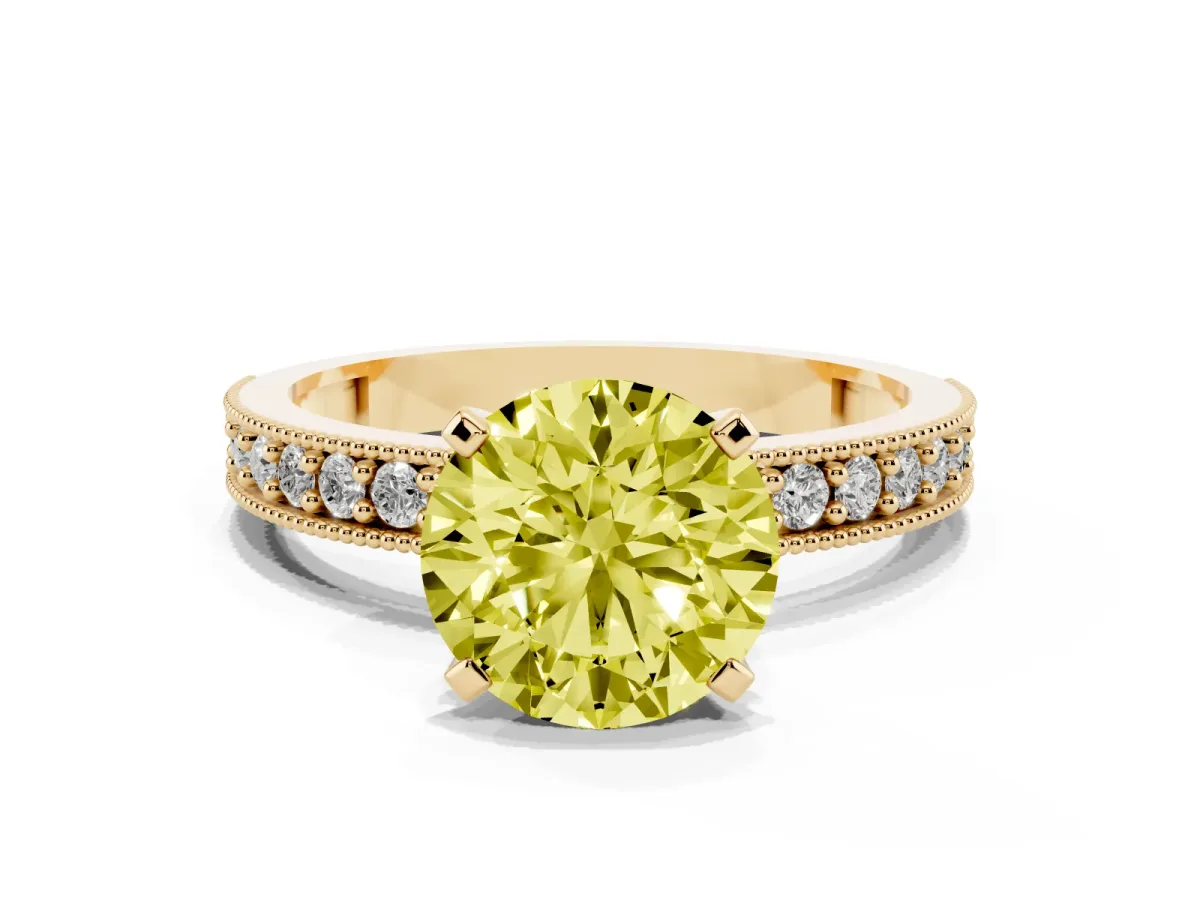 Fancy Yellow Round Cut Diamond Milgrain Pavé Engagement Ring with Four-Prong Setting Yellow gold