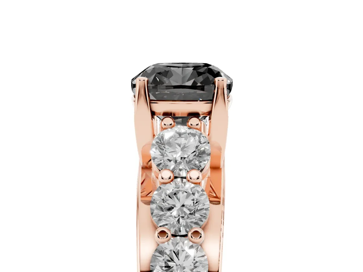Fancy Black Cushion Cut Diamond Engagement Ring with Pavé Band and Four-Prong Setting Rose gold