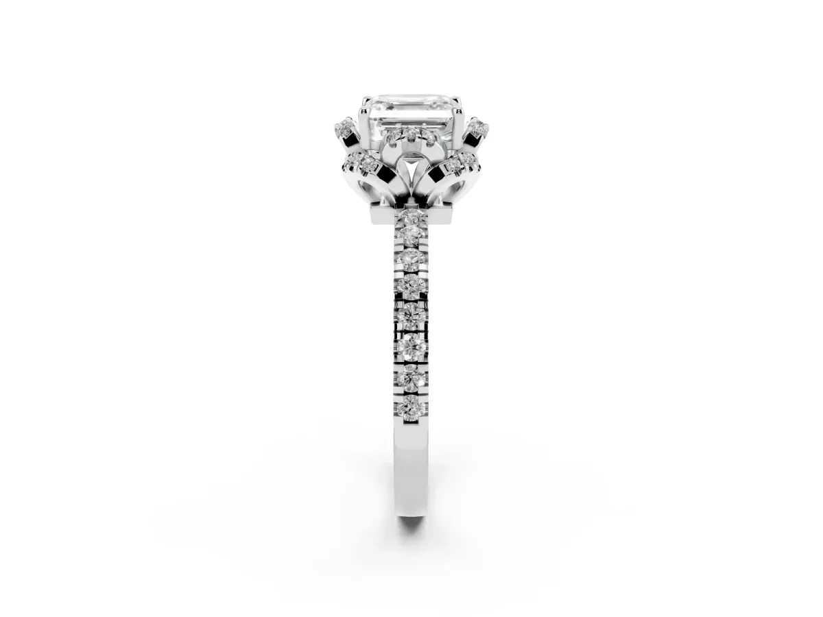 Asscher Cut Halo Diamond Pave Band Ring with Four-Prong Setting Silver