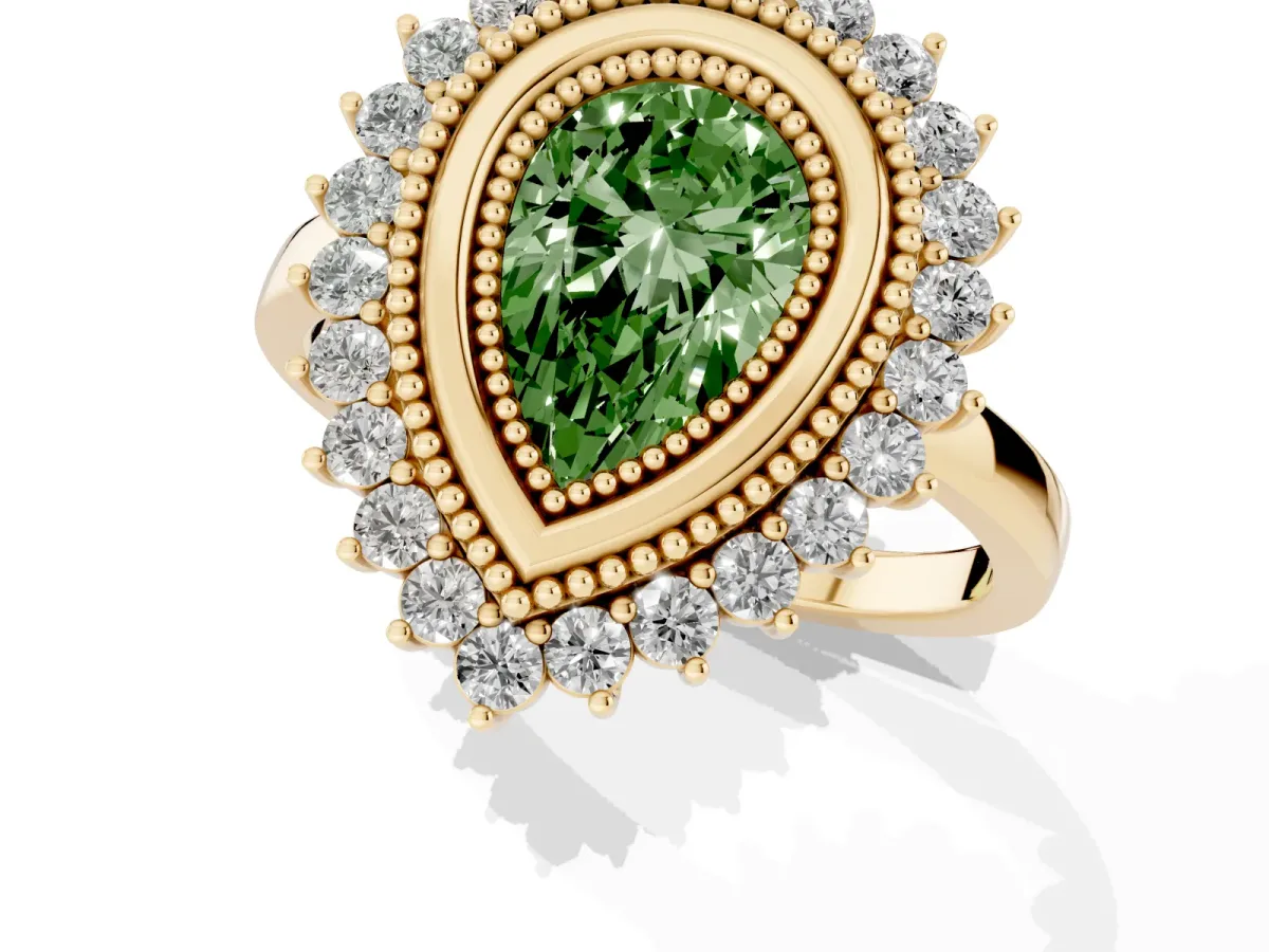 Fancy Green Pear Cut Halo Diamond Ring with Milgrain Edge and Round Prong Setting Yellow gold