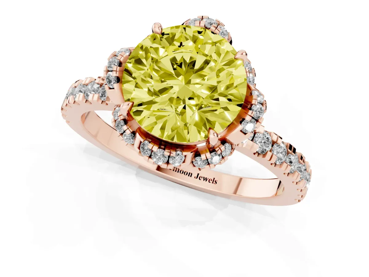 Fancy Yellow Round Cut Diamond Halo Pave Band with Four-Prong Setting Rose gold