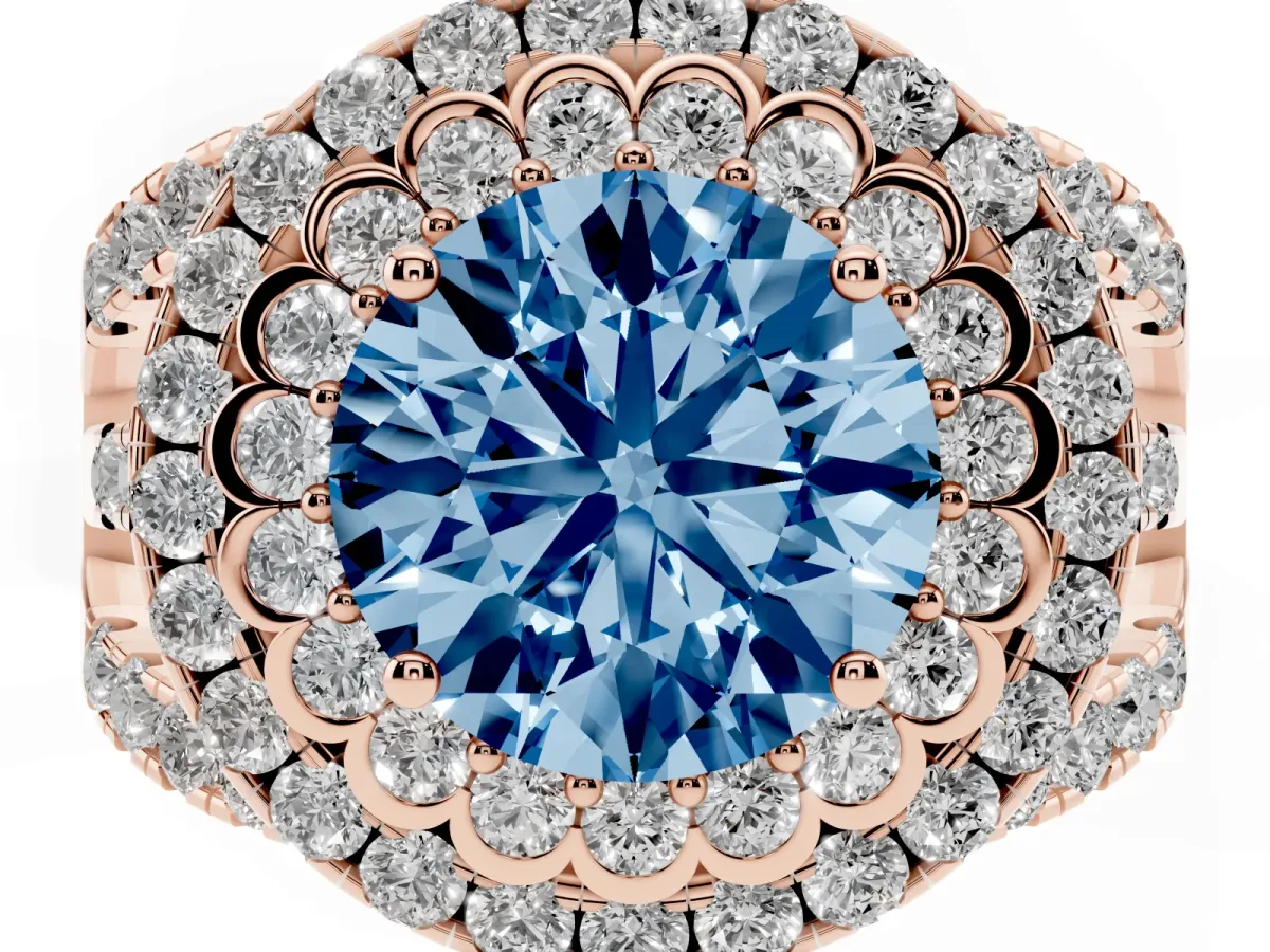 Fancy Blue Round Cut Diamond Double Halo Ring with Round Pavé Split Shank and Prong Setting Rose gold
