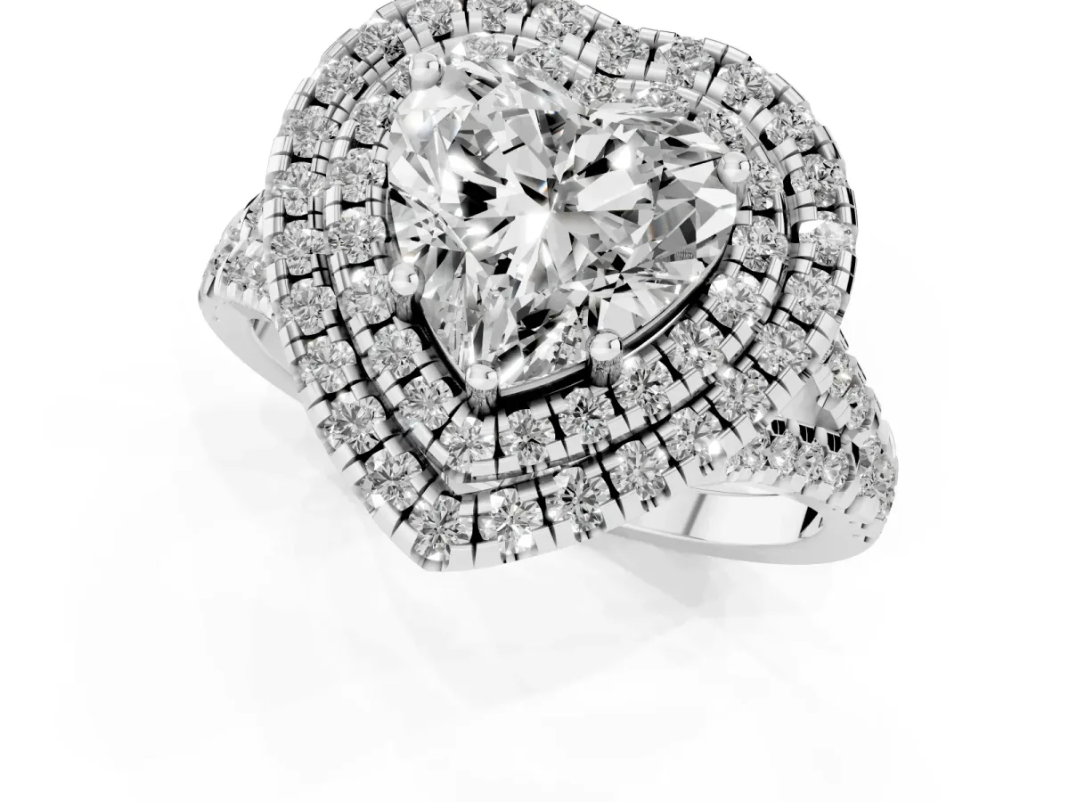Double Halo Heart Cut Diamond Pavé Split Shank Ring with Prong Setting Silver
