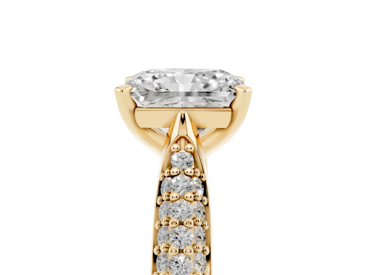 Radiant Cut Diamond Solitaire Engagement Ring with Multi-Row Round Pavé Band and Prong Setting Yellow gold