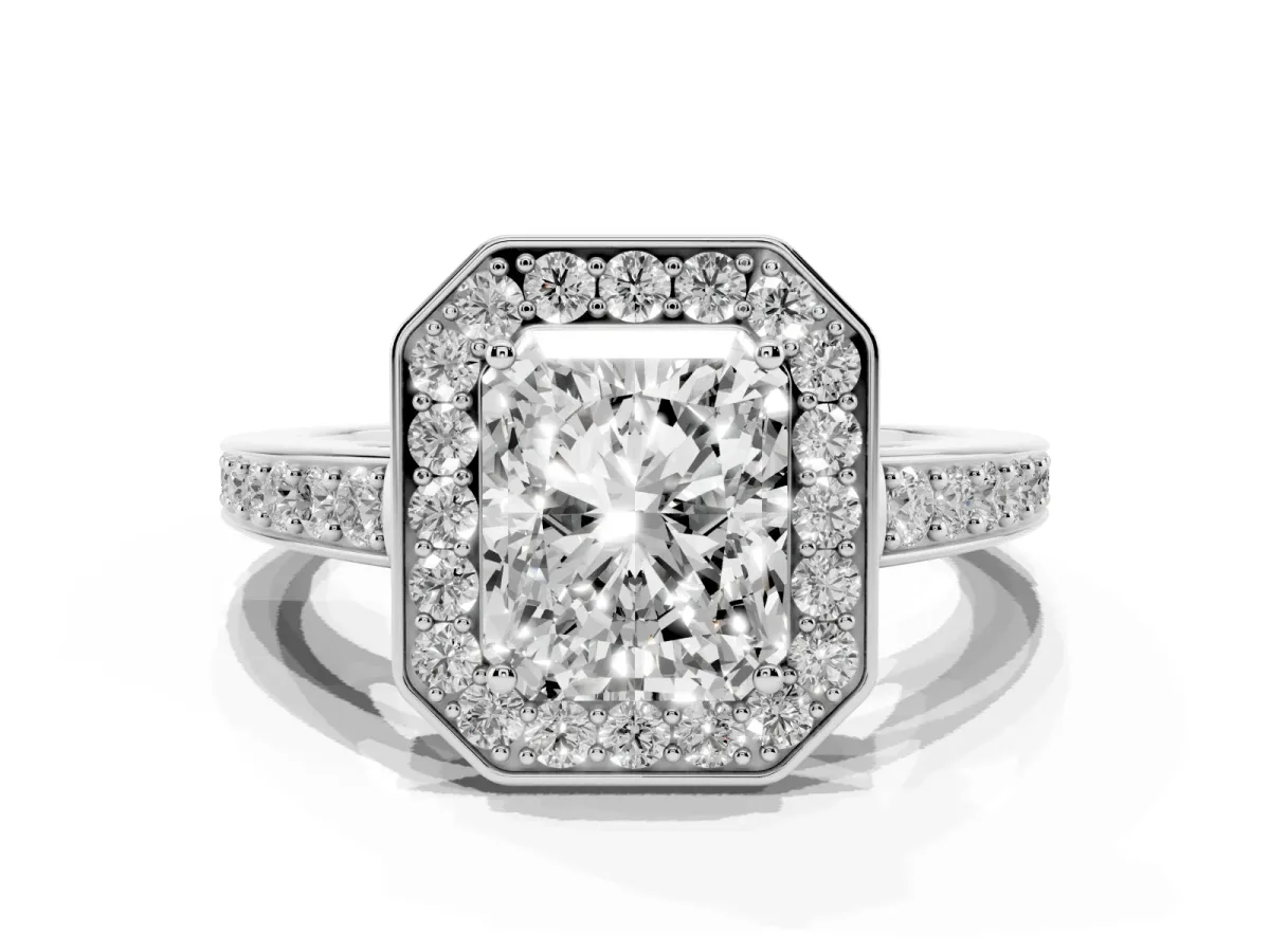 Radiant Cut Halo Pavé Diamond Engagement Ring with Bezel Setting Platinum