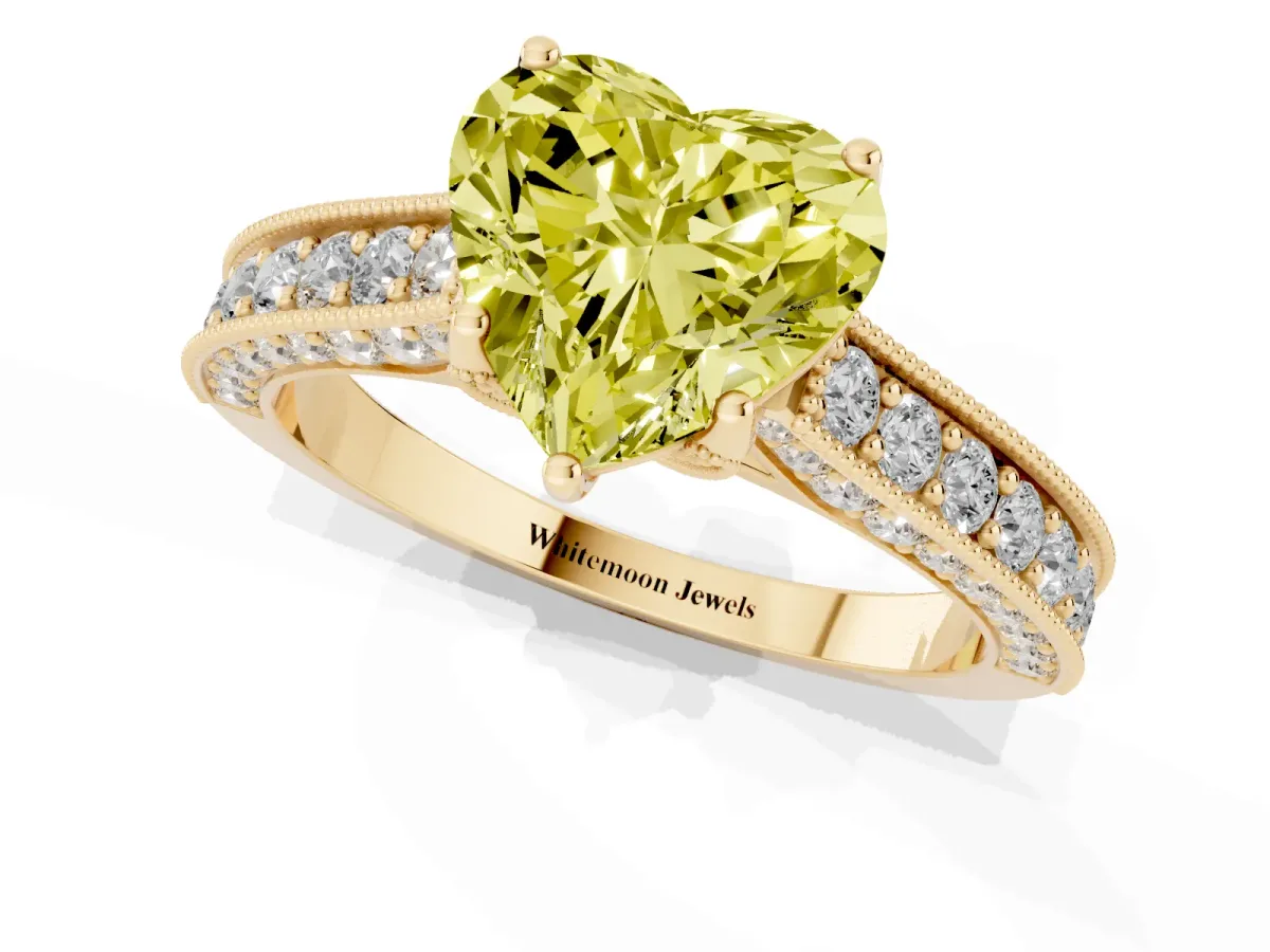 Fancy Yellow Heart Cut Cut Diamond Solitaire Ring with Milgrain Pave Band and Four Prong Setting Yellow gold