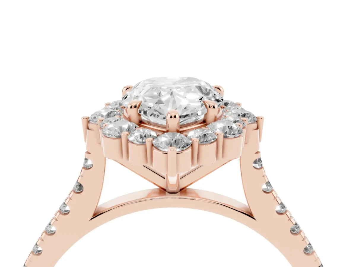 Pear Cut Halo Diamond Ring with Pavé Band and Prong Setting Rose gold
