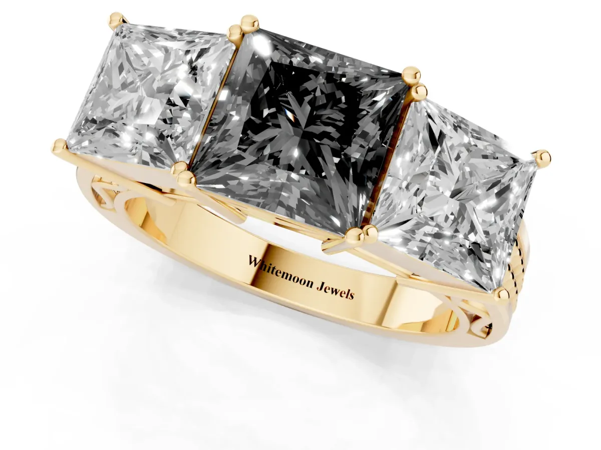 Fancy Black Princess Cut Diamond Three-Stone Ring with Prong Setting and Textured Band Yellow gold