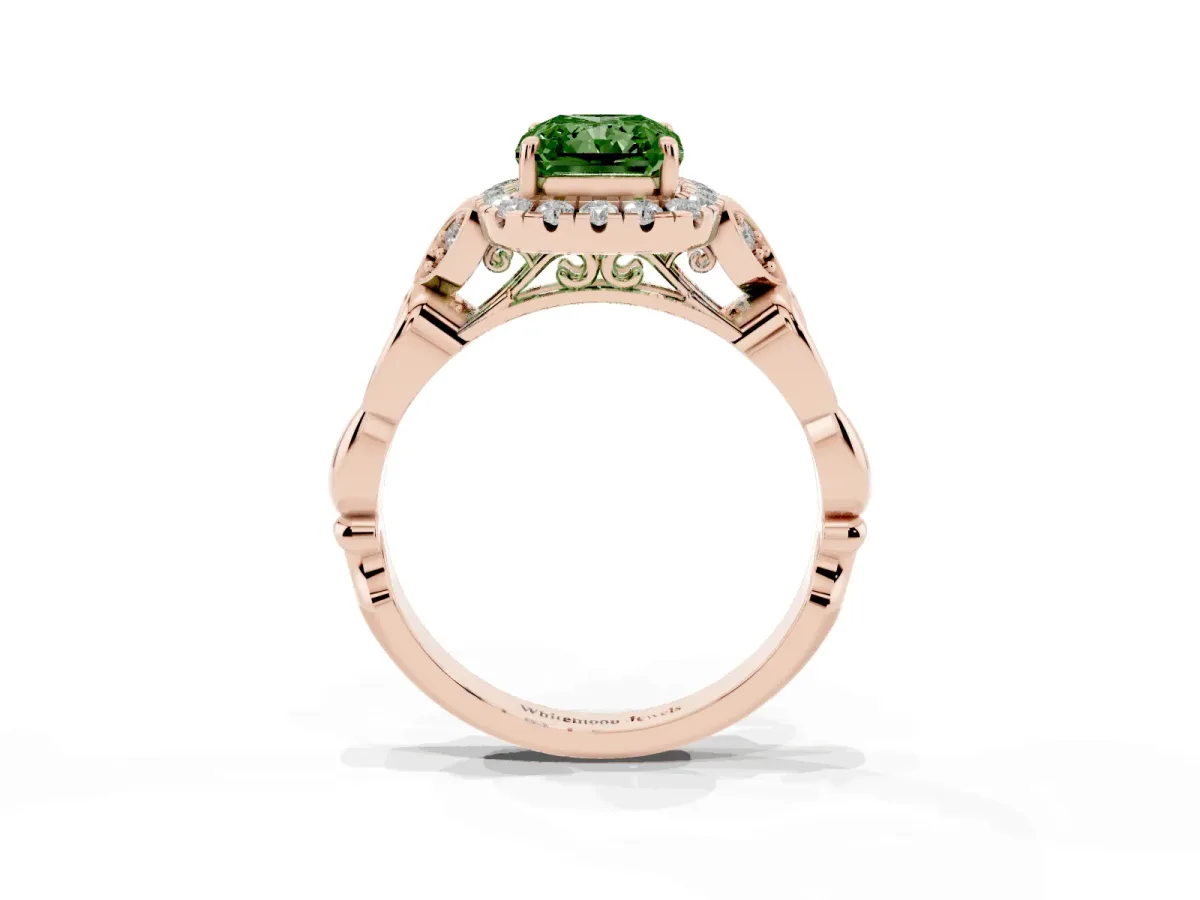 Fancy Green Radiant Cut Halo Diamond Engagement Ring with Vintage-Inspired Band and Four-Prong Setting Rose gold