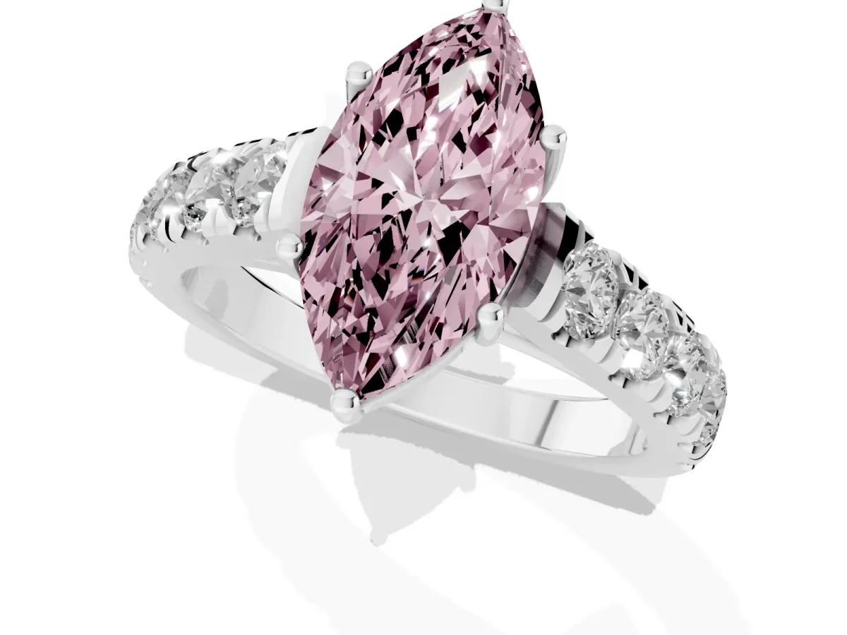 Fancy Pink Marquise Cut Cut Diamond Solitaire Ring with Micro Pave Band and Prong Setting Silver