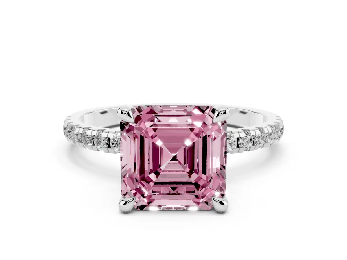 Fancy Pink Asscher Cut Diamond Brilliant Solitaire Ring with Pavé Band and Four-Prong Setting Silver