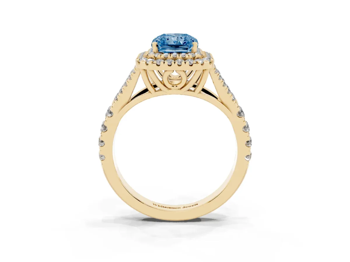 Fancy Blue Radiant Cut Diamond Double Halo Ring with Split Shank and Prong Setting Yellow gold