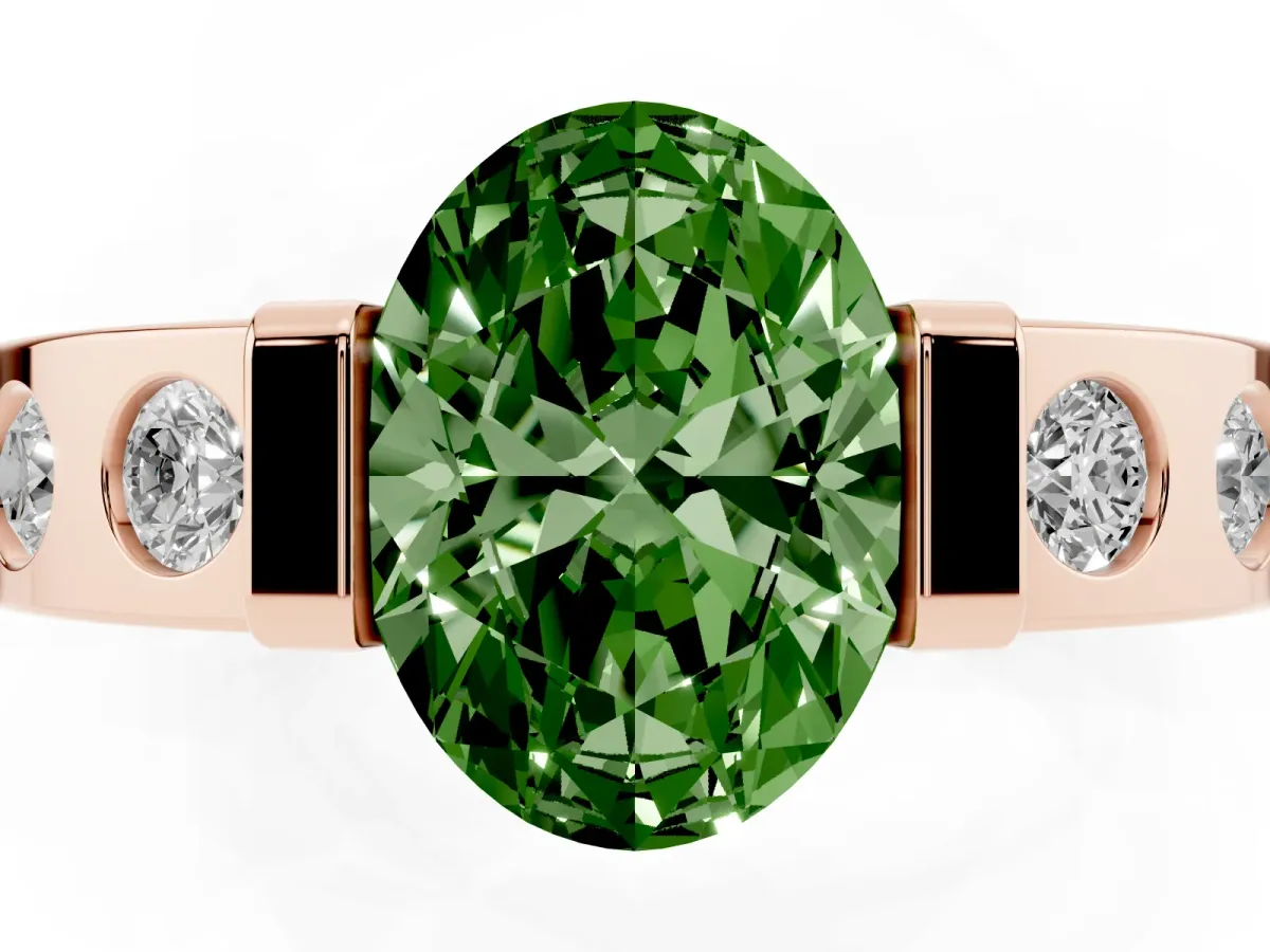 Fancy Green Oval Cut Brilliant Channel-Set Diamond Ring with Bezel Prong Setting Rose gold
