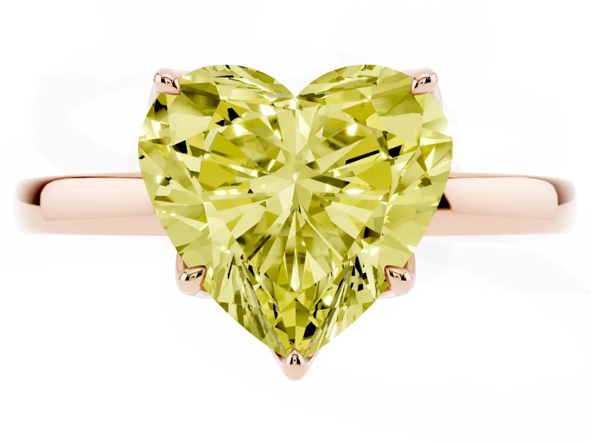Fancy Yellow Heart Cut Diamond Solitaire Ring with Thin Band and Prong Setting Rose gold