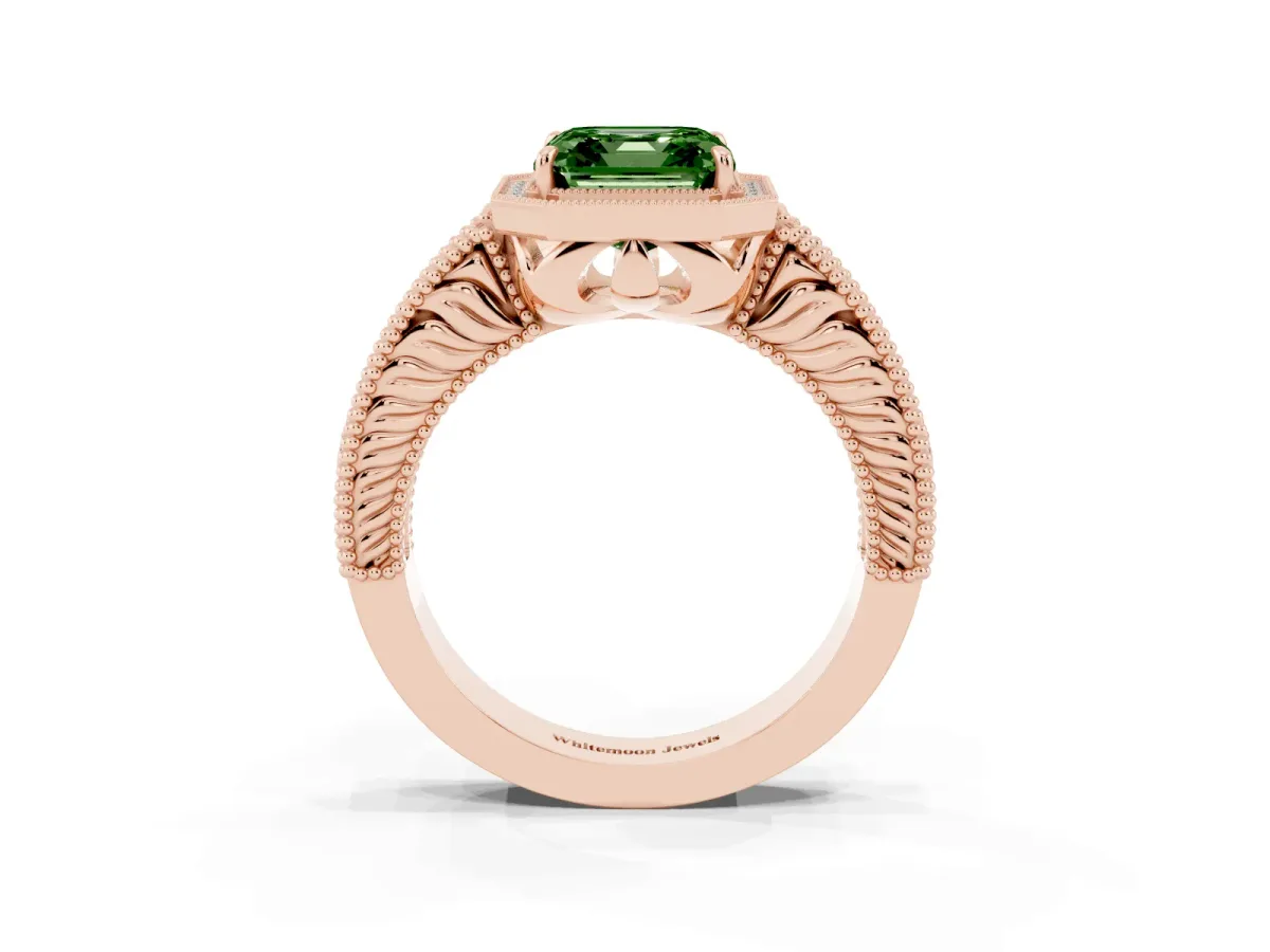 Fancy Green Asscher Cut Cut Halo Diamond Ring with Pavé Band and Four-Prong Setting Rose gold