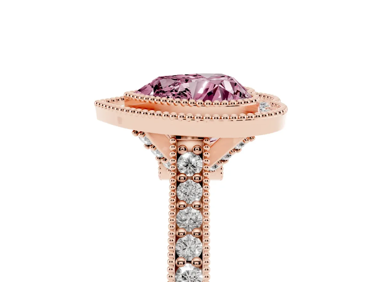 Fancy Pink Halo Heart Cut-Cut Diamond Pave Band Milgrain Prong Setting Ring Rose gold