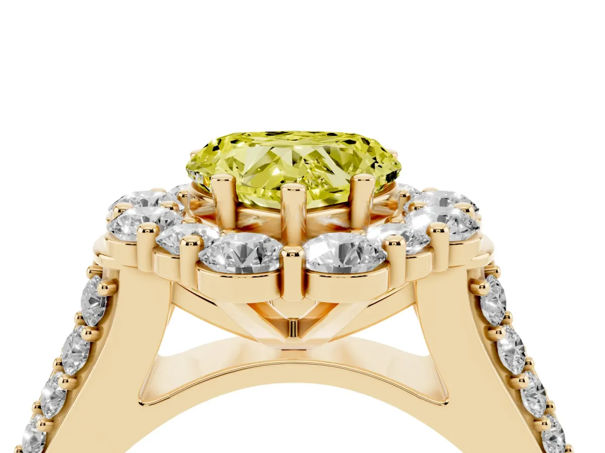 Fancy Yellow Heart Cut Halo Diamond Engagement Ring with Split Shank and Prong Setting Yellow gold