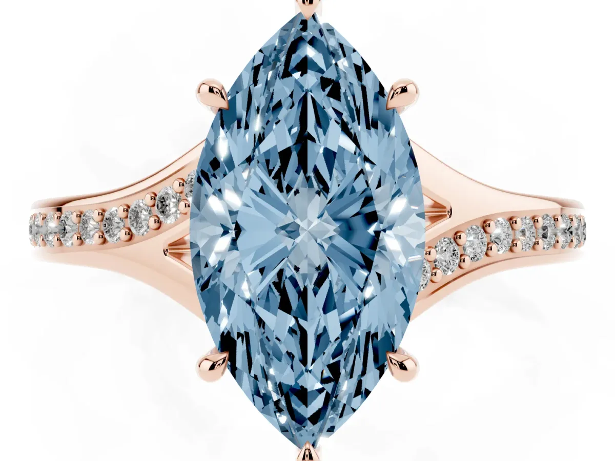 Fancy Blue Marquise Cut Diamond Solitaire Ring with Pavé Band and Prong Setting Rose gold