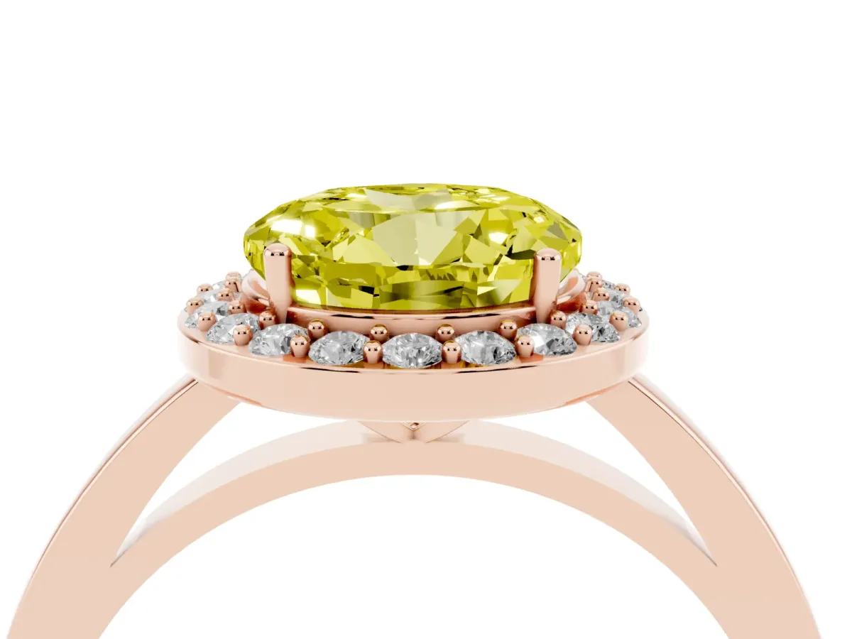 Fancy Yellow Round Cut Halo Diamond Ring with Solitaire Band and Prong Setting Rose gold