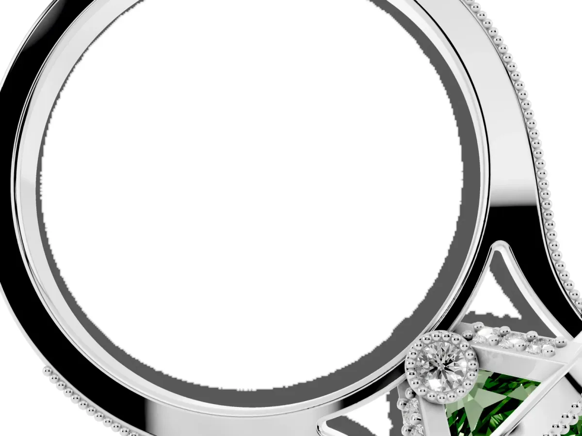 Fancy Green Halo Cushion Cut-Cut Diamond Pave Band Milgrain Prong Setting Ring Silver
