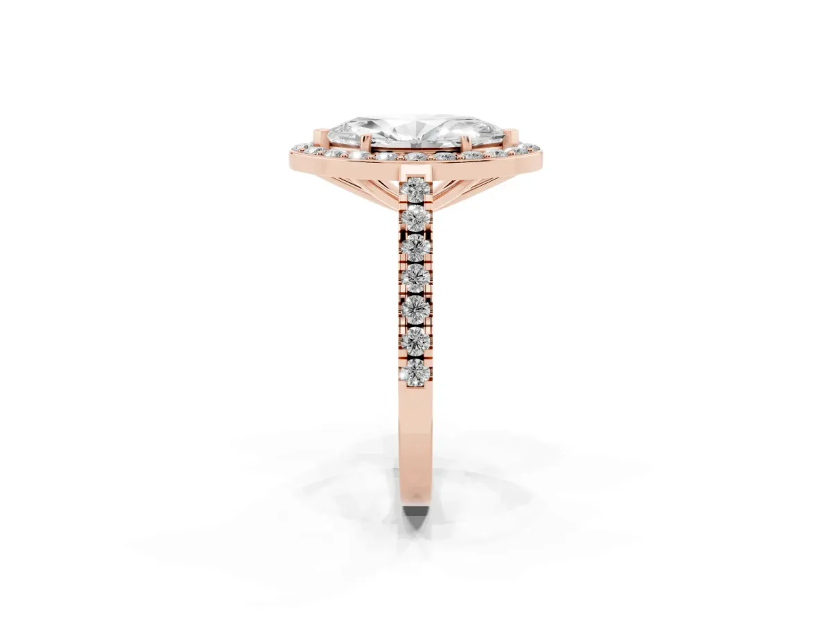 Marquise Cut Diamond Halo Ring with Round Pavé Split Shank and Prong Setting Rose gold