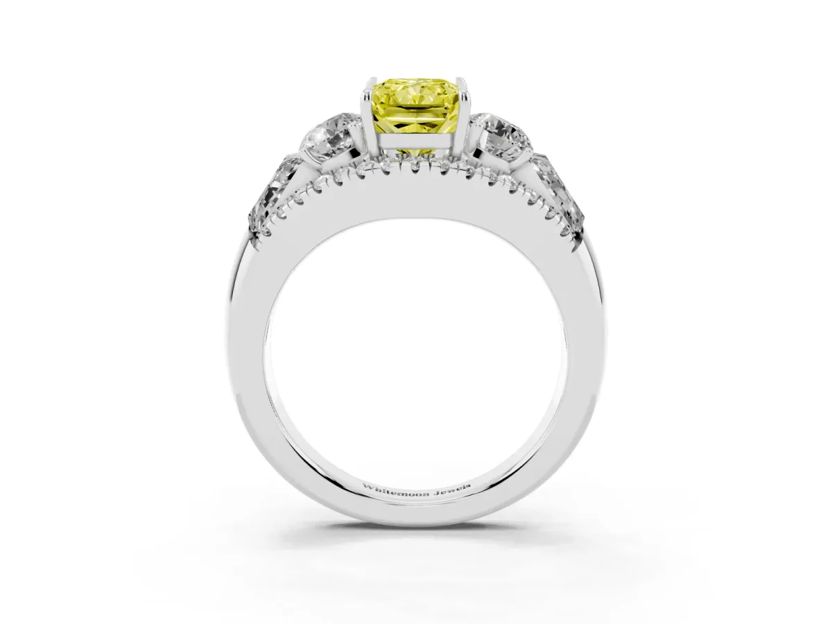 Fancy Yellow Three-Stone Radiant Cut Diamond Engagement Ring with Pave Band and Prong Setting Silver