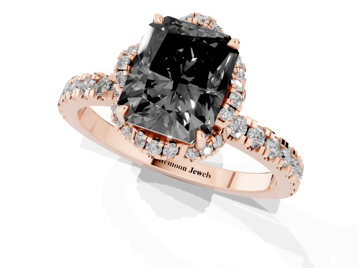 Fancy Black Radiant Cut Diamond Halo Pave Band with Four-Prong Setting Rose gold