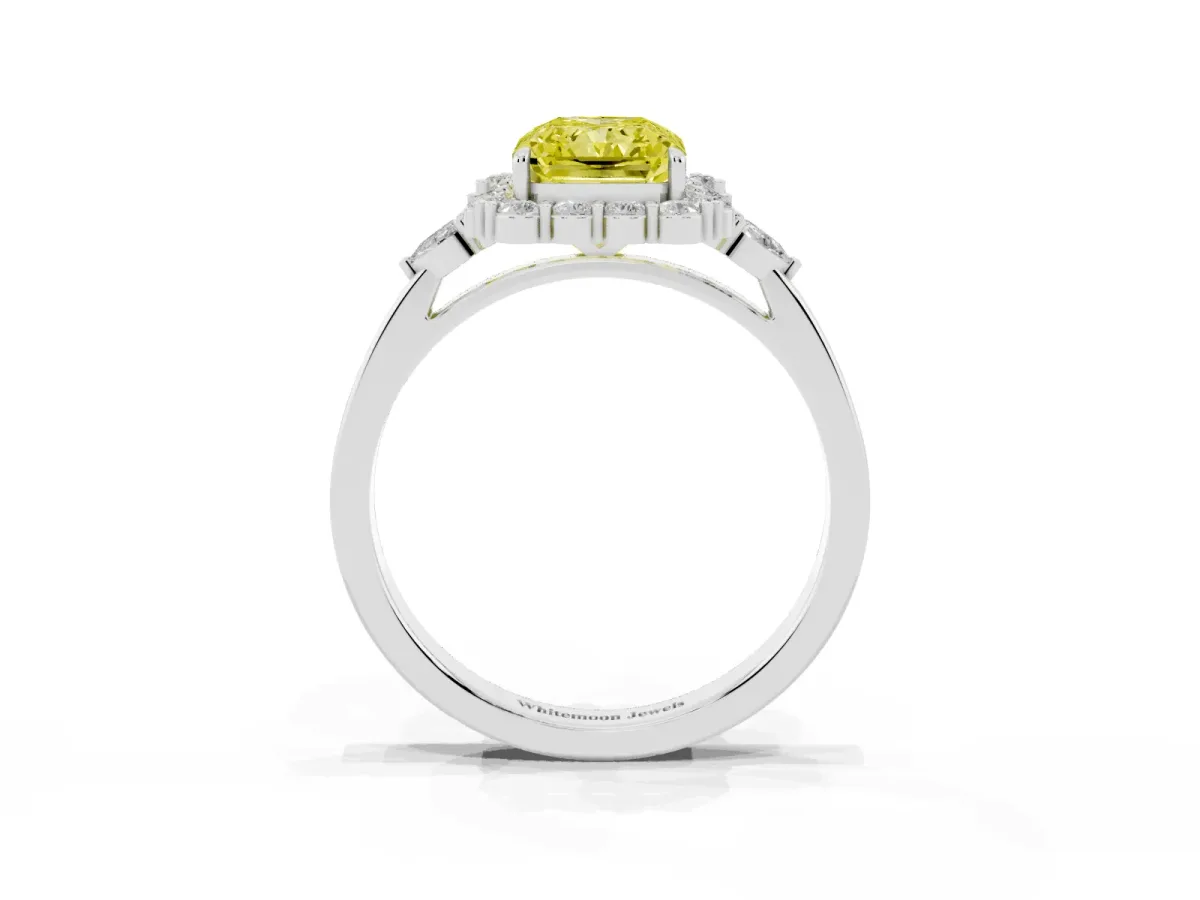 Fancy Yellow Radiant Cut Diamond Halo Ring with Pear Side Stones and Prong Setting Silver
