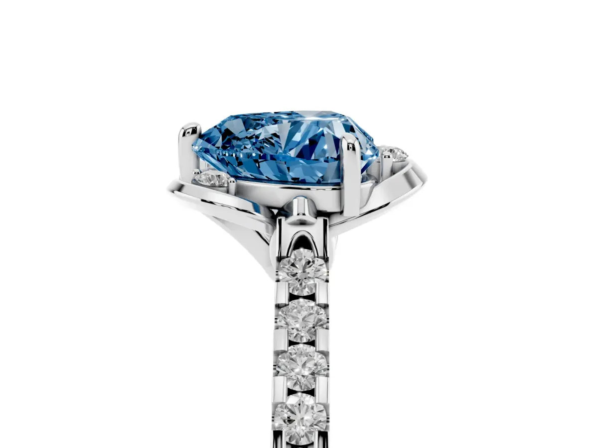 Fancy Blue Heart Cut Diamond Ring with Pavé Band and Floral Prong Setting White gold