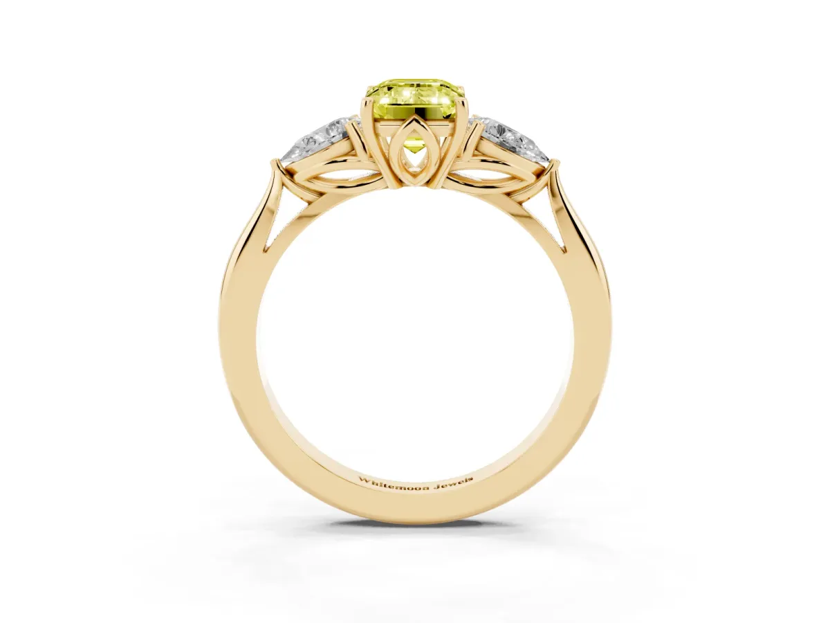 Fancy Yellow Three-Stone Emerald Cut Brilliant Diamond Solitaire Ring with Tapered Band and Four-Prong Setting Yellow gold